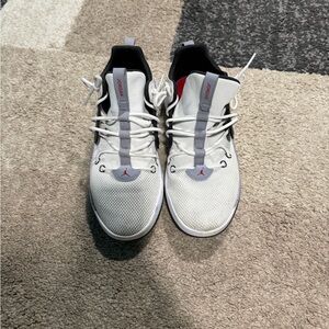 Jordan White and Gray Sneakers with Red Interior